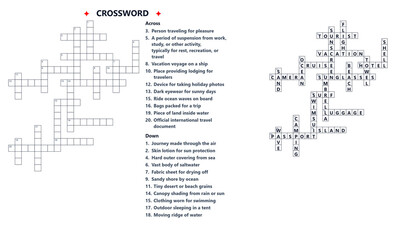 Fototapeta premium Summer vacation crossword puzzle 04 printable worksheet with answer key, perfect for kids vacation workbook interiors, airport waiting games, elementary school holiday tasks, and fun mind workouts