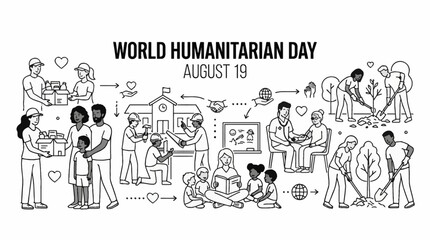 World Humanitarian Day sketch illustration with diverse people helping communities. © nur anggoro