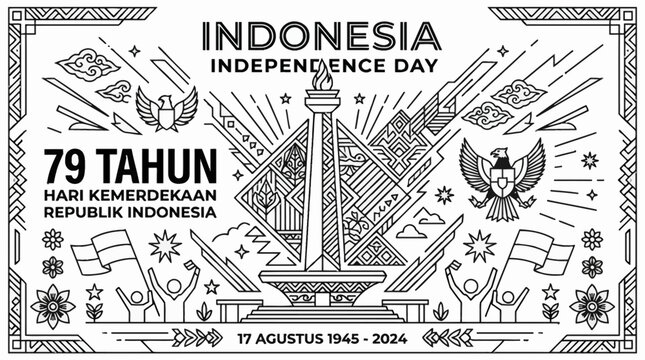 Indonesia 79th Independence Day commemorative line art illustration.