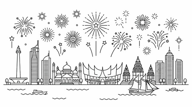 Jakarta city skyline with famous landmarks and fireworks celebration.