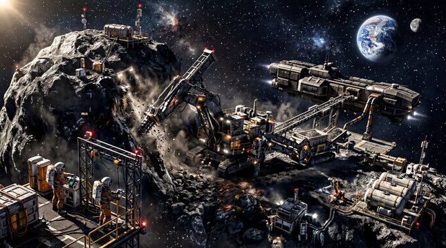 space exploration concepts, a futuristic mining facility operates on a rugged asteroid in space