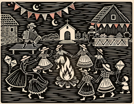 Festa Junina Folk lithograph Illustration with Bonfire Dance and Bunting