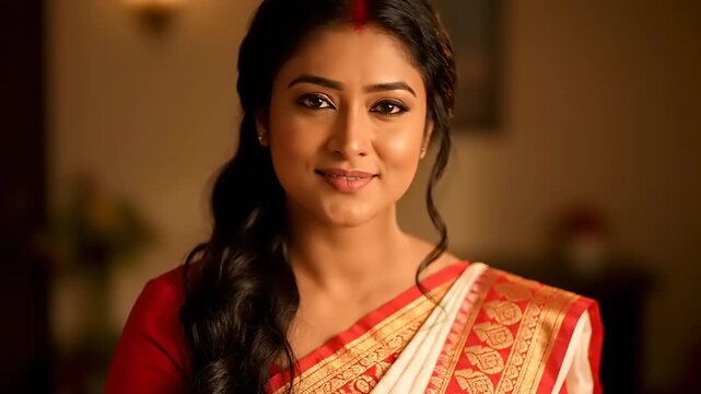 Beautiful Indian Woman Wearing Traditional Saree Smiling Gently.