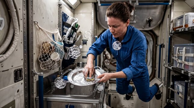 space chores, an astronaut floats in zero gravity, washing dishes amidst drifting bubbles