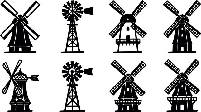 Black and white windmill and windpump icons set line art vector illustration