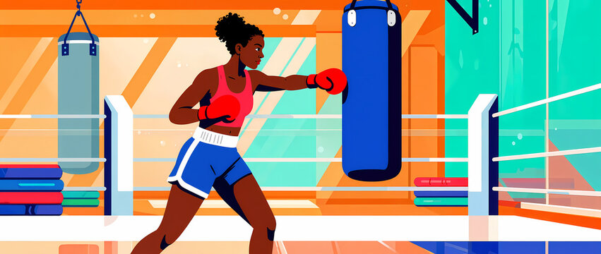 African American woman practicing boxing at gym with focus on technique and skill. Boxercise session includes intense workout with punching bag and specialized gear.