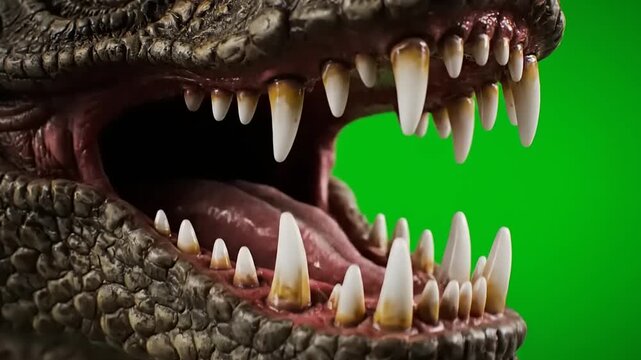 Close up of a dinosaur mouth with sharp teeth and green screen background.