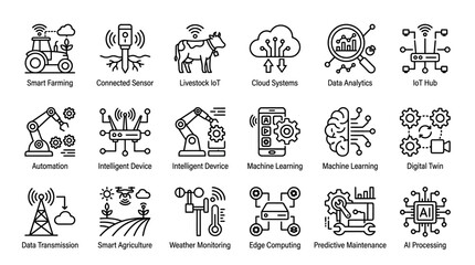 Obraz premium Collection of Icons Representing Smart Farming and IoT Technologies in Agriculture and Industry.