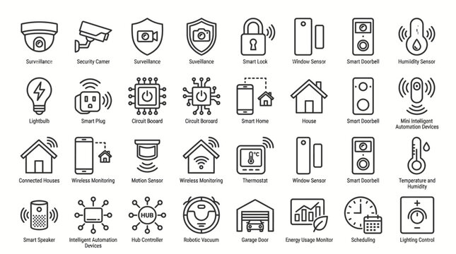Collection of smart home technology icons representing various devices and functions for modern living.