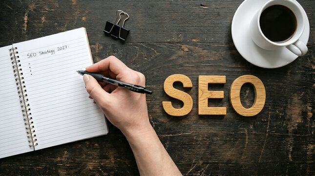 Dedicated professional meticulously planning essential search engine optimization strategies for enhanced online visibility and digital marketing success on a rustic desk