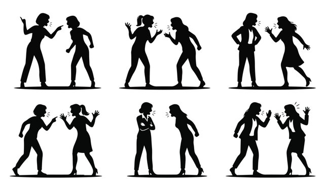 Silhouettes of women in various arguing and confrontational poses