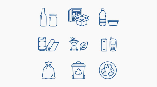 A collection of nine blue line icons illustrating different types of waste for recycling, including glass bottles, paper, plastic containers, batteries, and organic waste