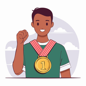Young Man Celebrating Victory with a Gold Medal