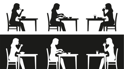Fototapeta premium Vector illustration of women eating at restaurant tables in black and white