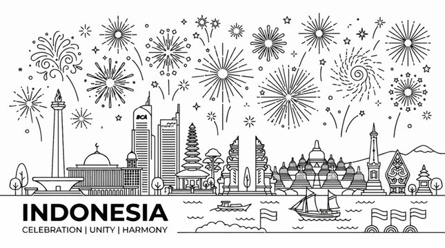 Indonesia skyline outline illustration with landmarks and fireworks.