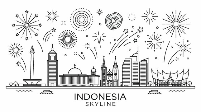 Indonesia Jakarta Skyline Outline with Fireworks Celebration.