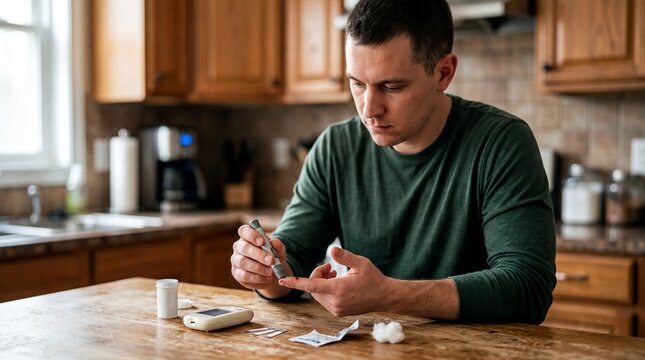 health and wellness testing, a biohacker conducts a blood test in a modern kitchen setting