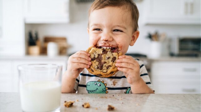 Happy toddler boy eating a chocolate chip cookie with a glass of milk in a bright kitchen