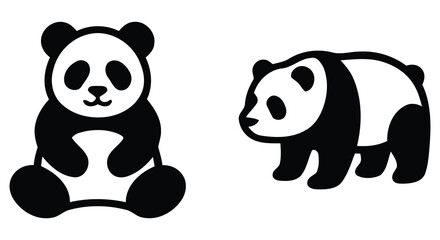 Two panda illustrations a sitting panda and a walking panda in black and white vector style © MOTIUR