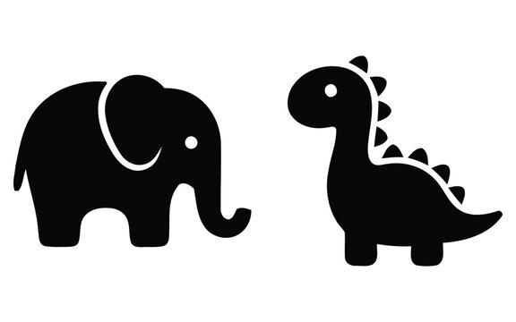 Minimalist black silhouette icons of an elephant and a dinosaur for children's room decor or baby products