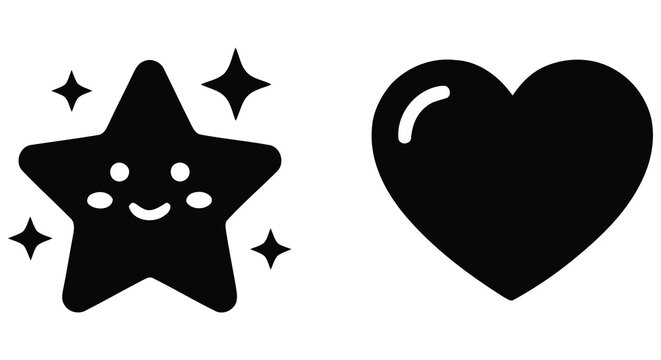 Kawaii star and heart icons set black silhouette vector illustration for positive emotions and children's design elements