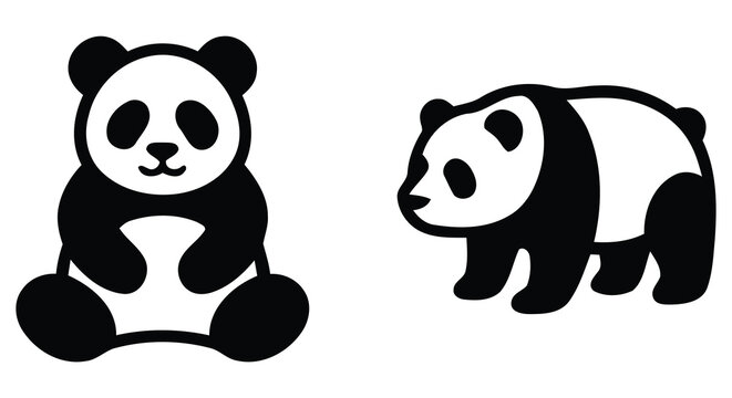 Two panda illustrations a sitting panda and a walking panda in black and white vector style