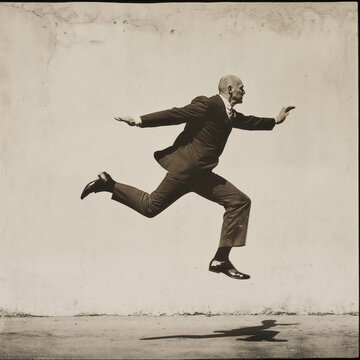 Man in a suit leaping through the air, vintage sepia photo 