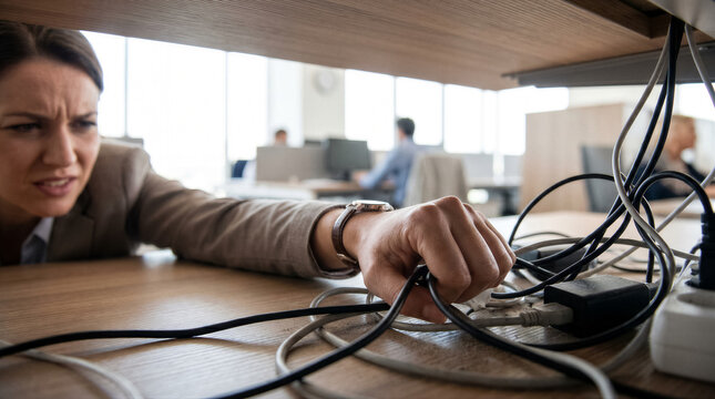 Frustrated businesswoman looking at tangled computer cables under office desk