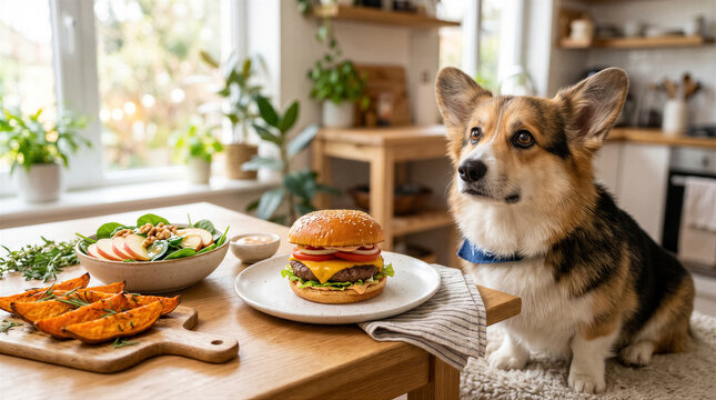 A cute corgi dog sitting at a wooden kitchen table looking longingly at a delicious homemade cheeseburger, salad, and potato wedges