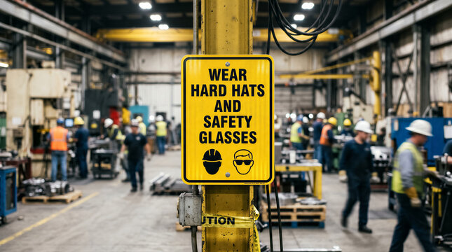 Safety sign in a busy industrial manufacturing factory floor requiring workers to wear hard hats and safety glasses for protection
