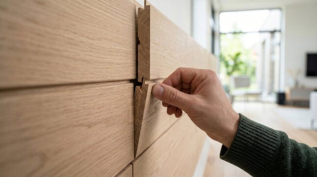 Closeup of a hand installing wooden wall paneling with a tongue and groove system in a modern interior