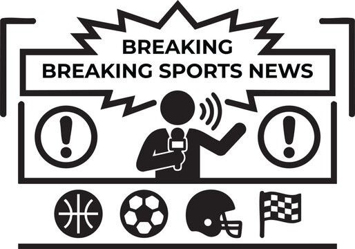 Sports news icon with announcer and various sports symbols featuring microphone, basketball, soccer with football and racing elements for checkered
