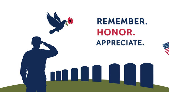 Veteran Saluting at Cemetery with Poppy Flower and American Flag
