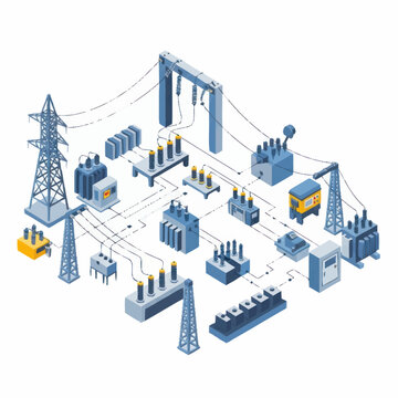 Electrical substation power distribution grid infrastructure isometric illustration.
