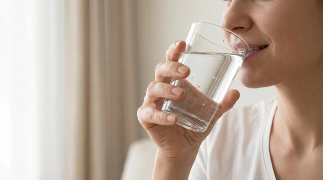 Close up woman drinking water from glass cup at home, hydration and healthy lifestyle concept