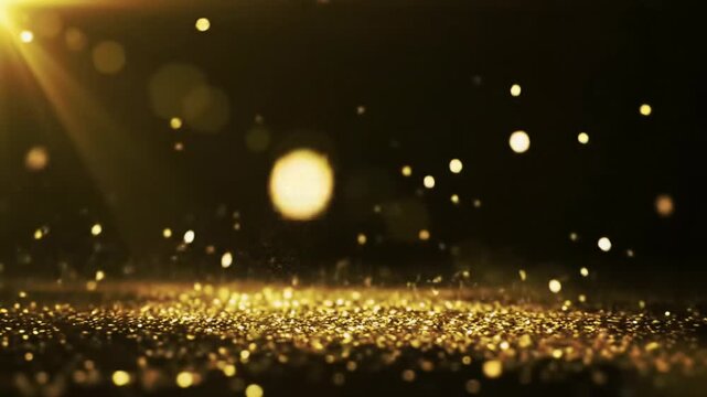 Millions of shimmering golden glitter particles falling through an obsidian black void, accumulating on a reflective surface below, with volumetric light and bokeh. Concept of aspiration and prestige