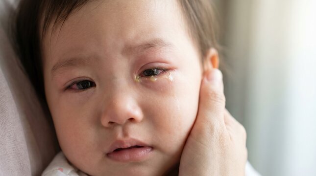 Ai genereted image of Close-up portrait of a sad Asian baby suffering from severe conjunctivitis with yellow eye discharge, being comforted by a parent, pediatric healthcare concept