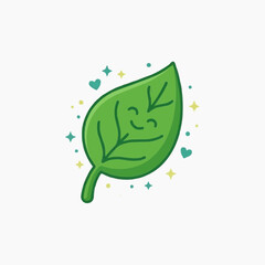Fototapeta premium Cute happy green leaf character with sparkles and hearts on white background