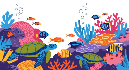 Colorful Coral Reef with Sea Turtles and Tropical Fish © knomphseph
