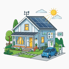 Naklejka premium Modern house with solar panels and electric car charging station