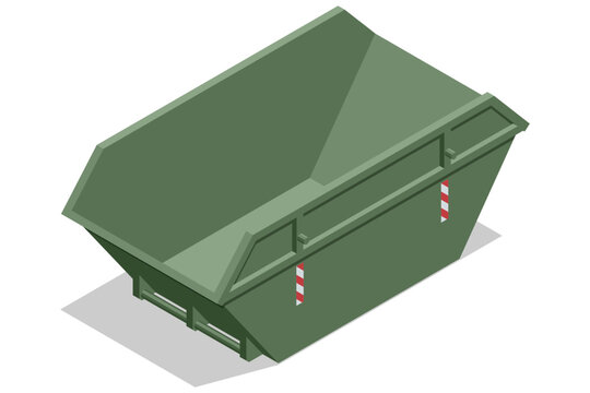 isometric green skip dumpster isolated on a light background, showing an industrial waste container for construction debris, bulk disposal and municipal cleanup service concept