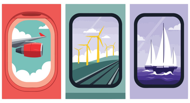 Travel window views. Modern flat vector illustration. Journey and adventure concept.