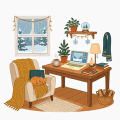 Fototapeta premium Cozy winter scene with cat sleeping by window and desk with laptop