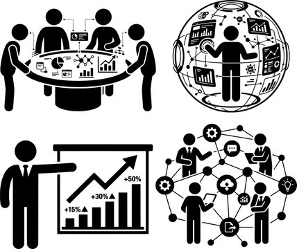 Global Business Analytics and Corporate Network Strategy Vector Icon Set, Team Collaborating on Futuristic Interactive Data Table, Executive Presenting Growth Chart Concepts