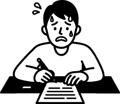 Stressed student struggling with difficult written assignment.