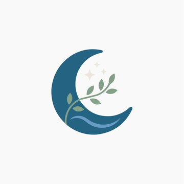 Crescent moon with a growing plant and stars on a white background