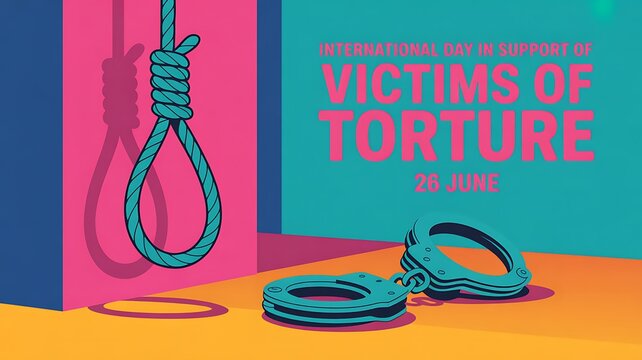 Graphic illustrating victims of torture with hangman's noose and handcuffs human rights violence injustice