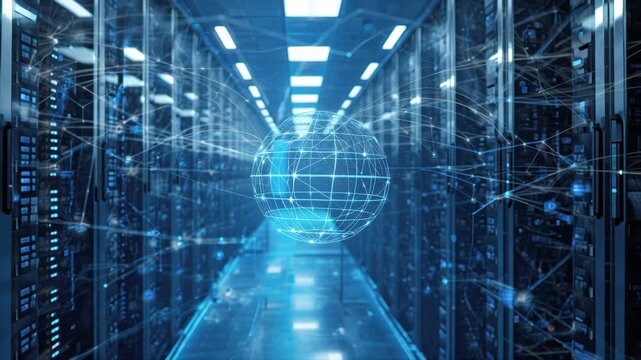 Digital globe network floating server room conveying secure data flow and futuristic connectivity