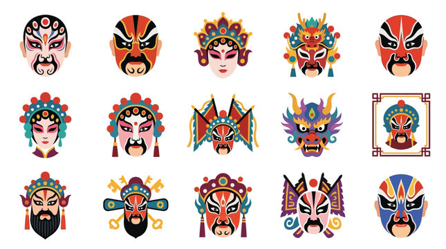 Collection of Traditional Chinese Opera Masks and Dragon Head Designs.