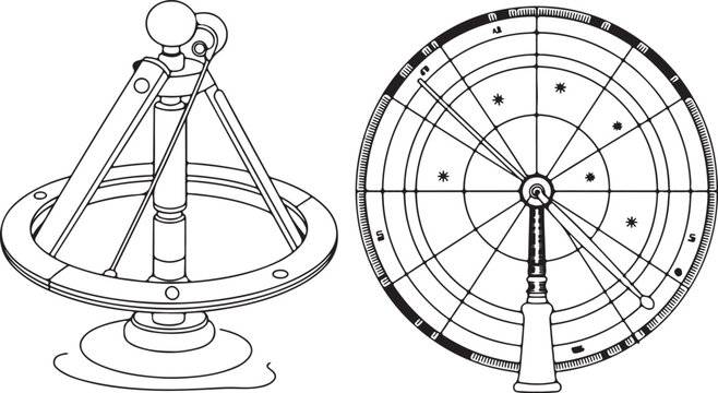 Antique astronomical instruments and celestial charts black and white line art.